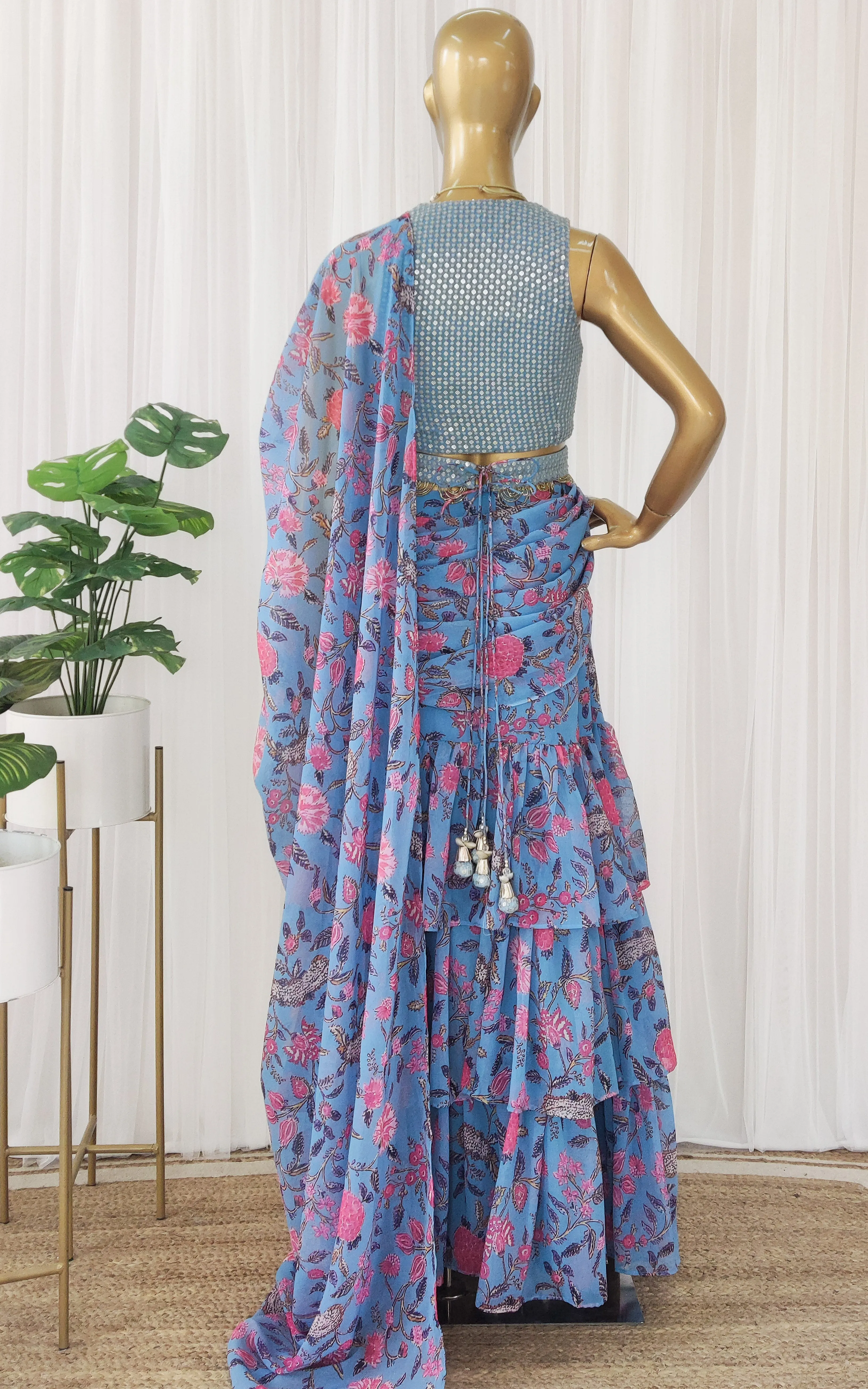 Grey Floral Pre-Stitched Ruffle Saree with Embellished Belt