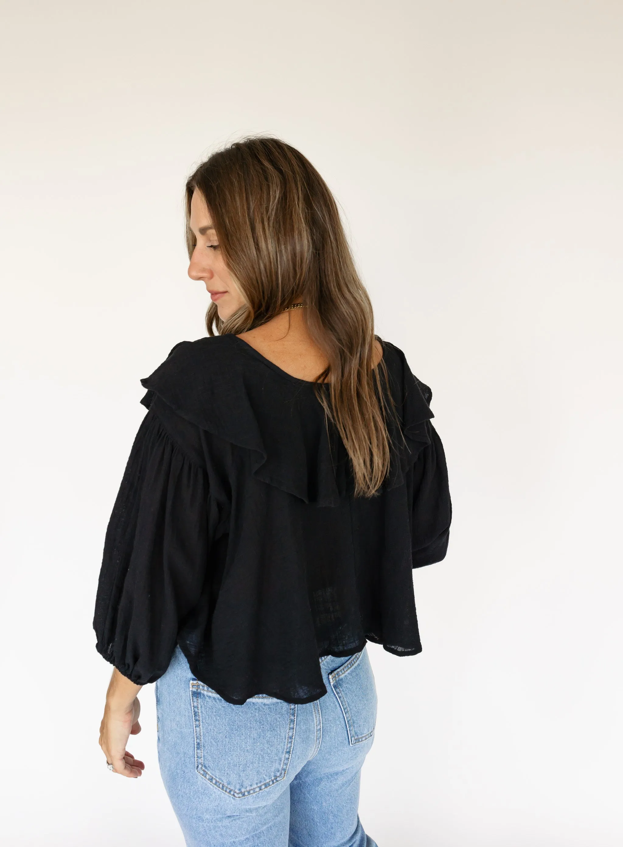 Hailey Ruffle Trim Top - Black - Final Sale