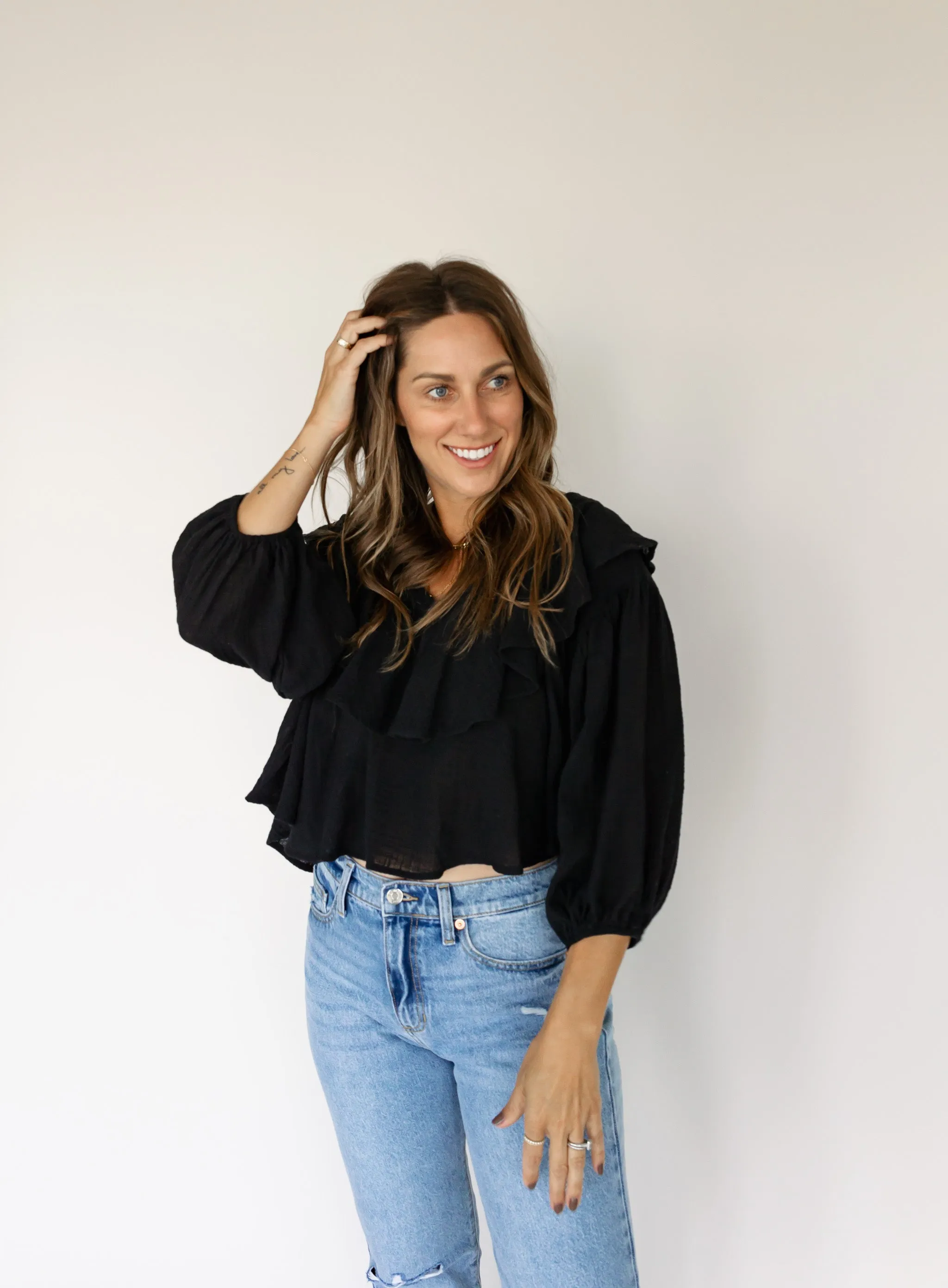 Hailey Ruffle Trim Top - Black - Final Sale