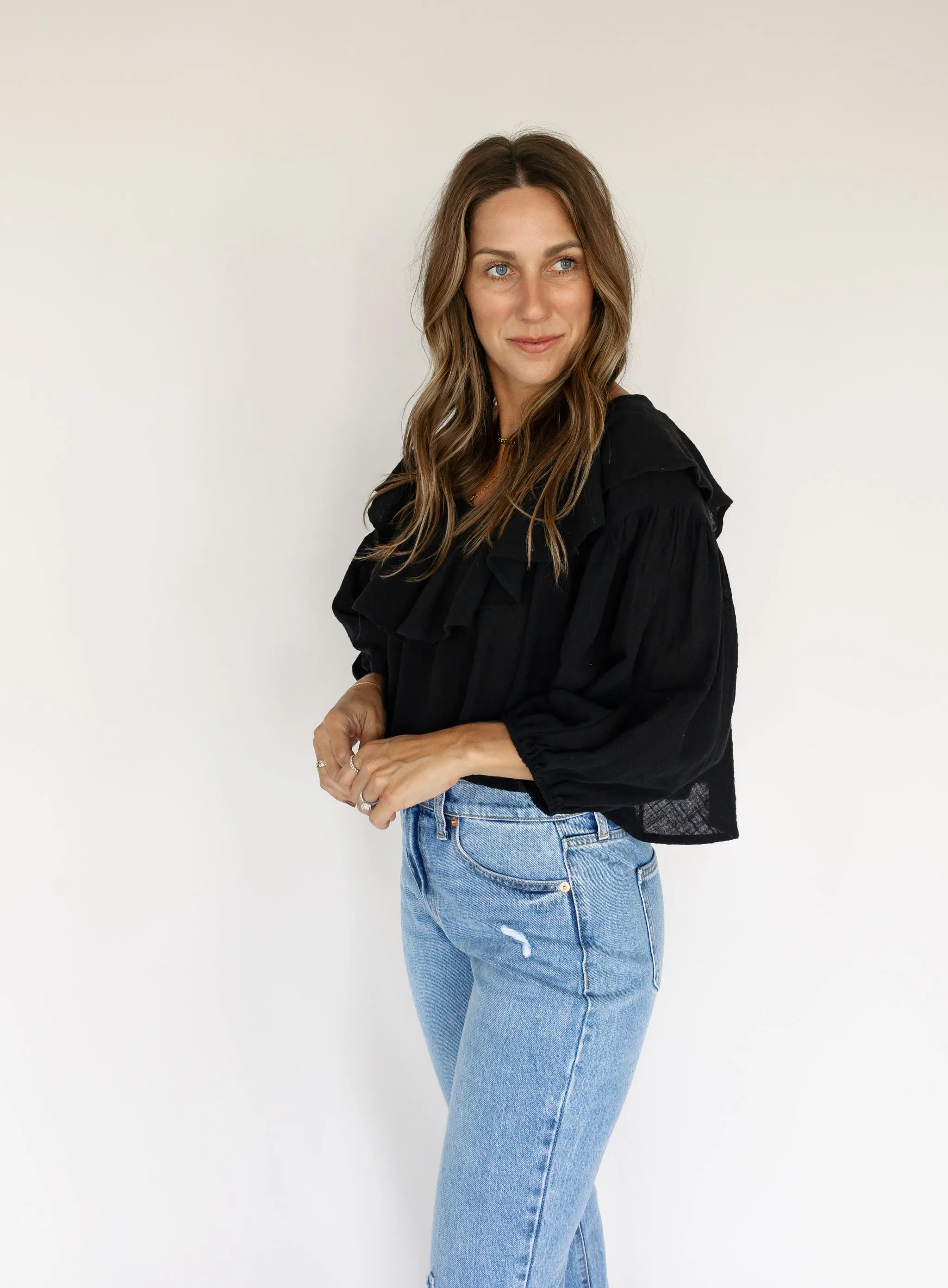 Hailey Ruffle Trim Top - Black - Final Sale