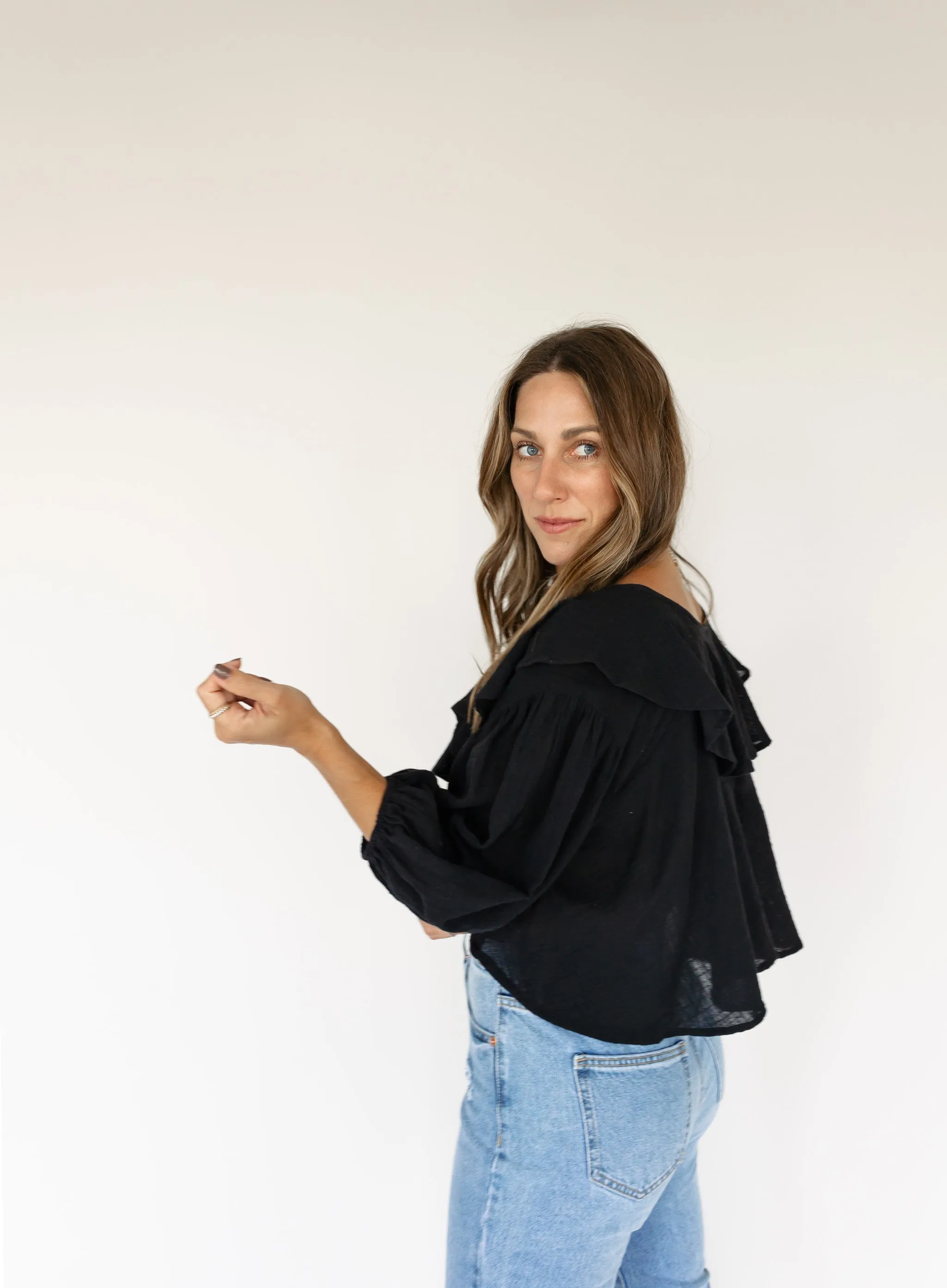 Hailey Ruffle Trim Top - Black - Final Sale