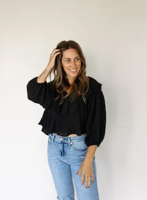 Hailey Ruffle Trim Top - Black - Final Sale