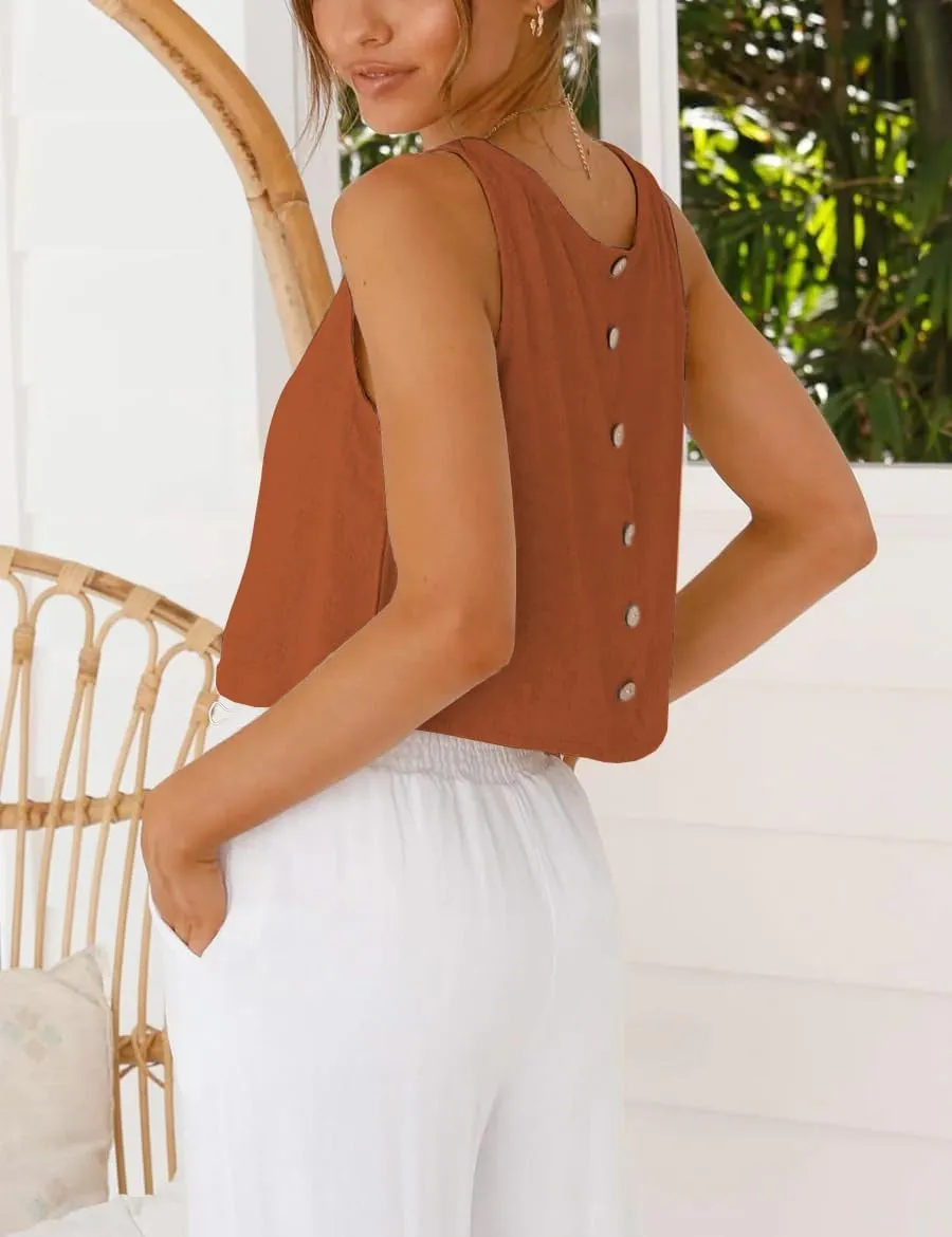 IDEALSANXUN Womens Linen Crop Tank Tops Cute Summer Sleeveless Cropped Cotton Linen Tops