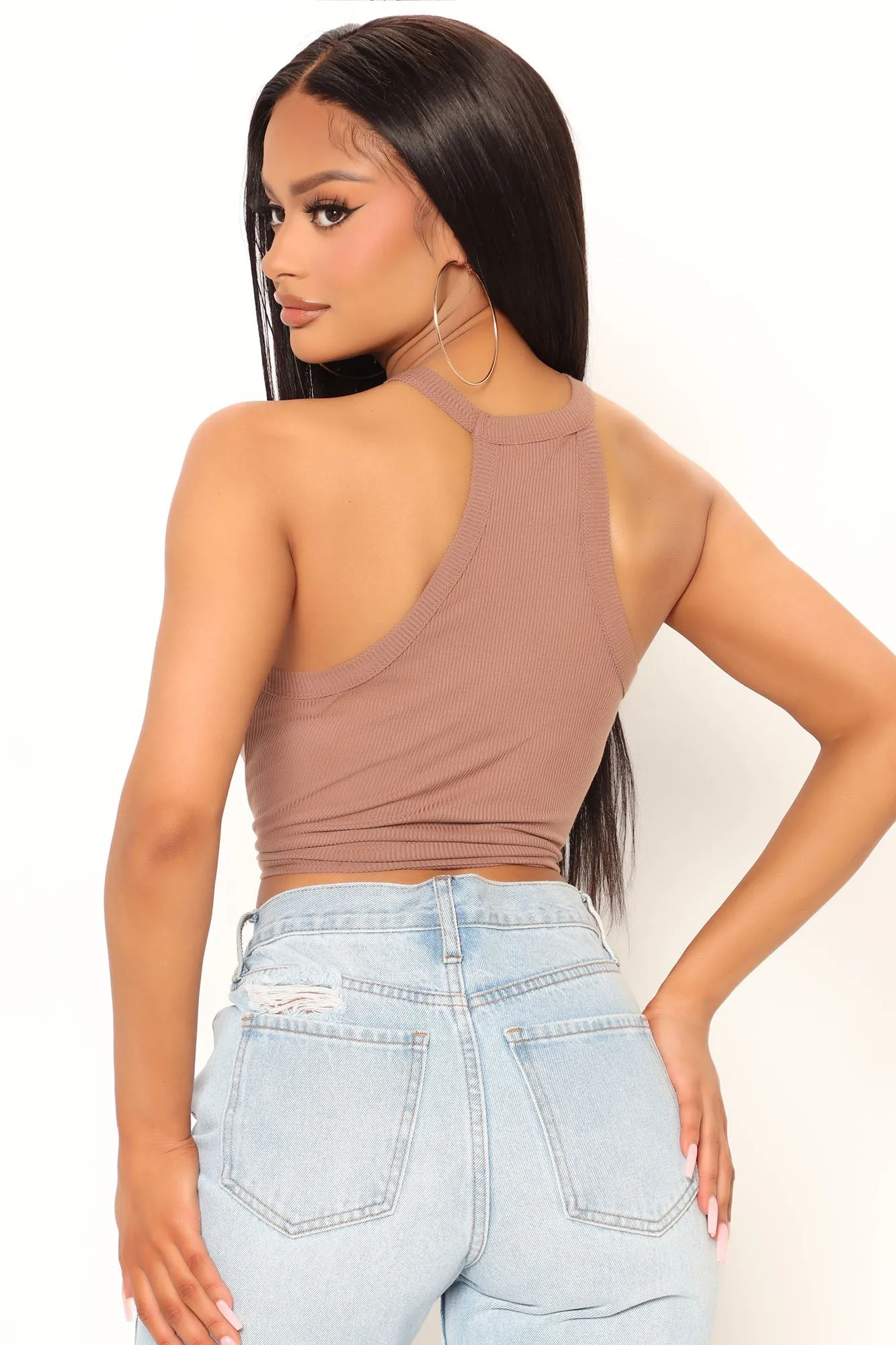 Kaylee High Neck Crop Ribbed Tank - Taupe