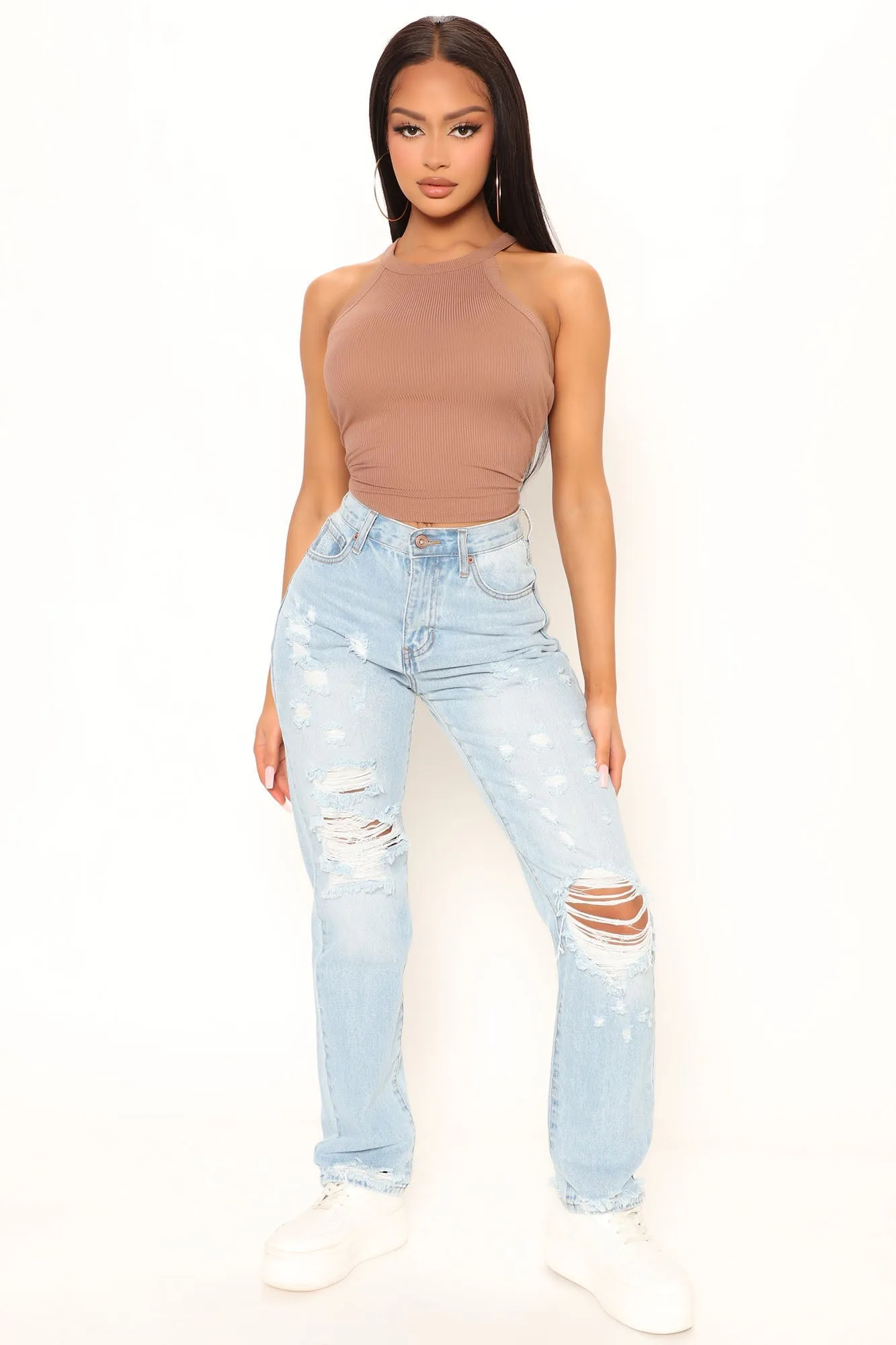 Kaylee High Neck Crop Ribbed Tank - Taupe
