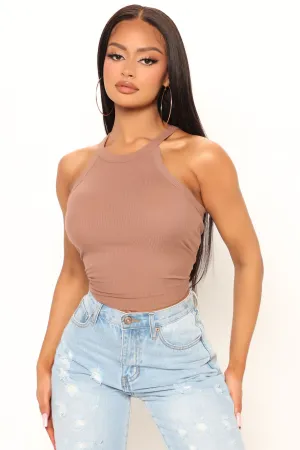 Kaylee High Neck Crop Ribbed Tank - Taupe