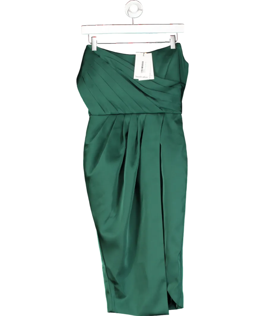 Lavish Alice Green Pleated Satin Strapless Midi Dress UK 10