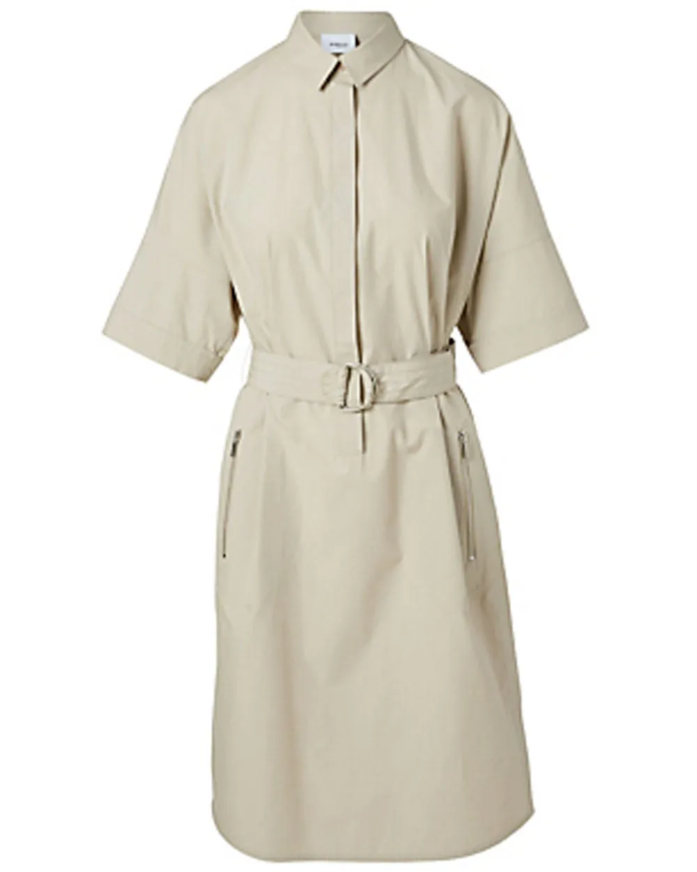 Light Taupe Cotton Poplin Belted Shirt Dress