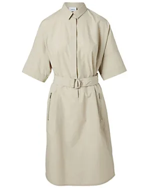 Light Taupe Cotton Poplin Belted Shirt Dress
