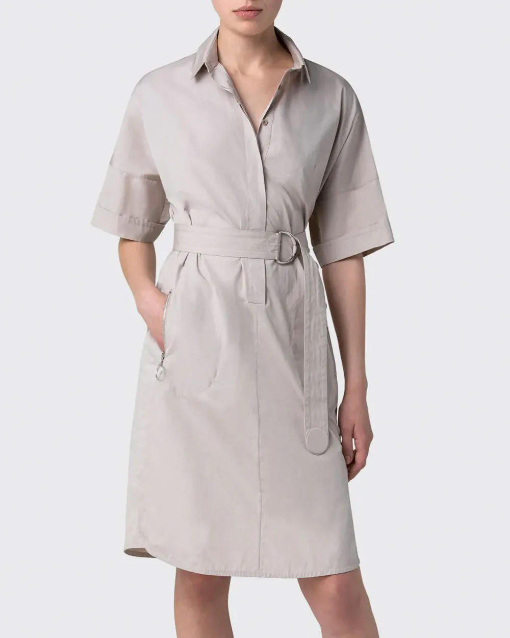 Light Taupe Cotton Poplin Belted Shirt Dress
