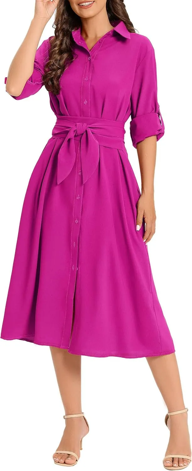 MANAIXUAN Women's Casual Flowy Tie Waist Button Down Long Sleeve Midi Shirt Dress