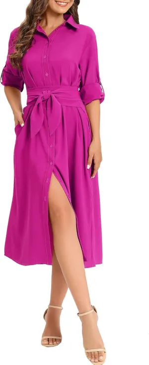 MANAIXUAN Women's Casual Flowy Tie Waist Button Down Long Sleeve Midi Shirt Dress