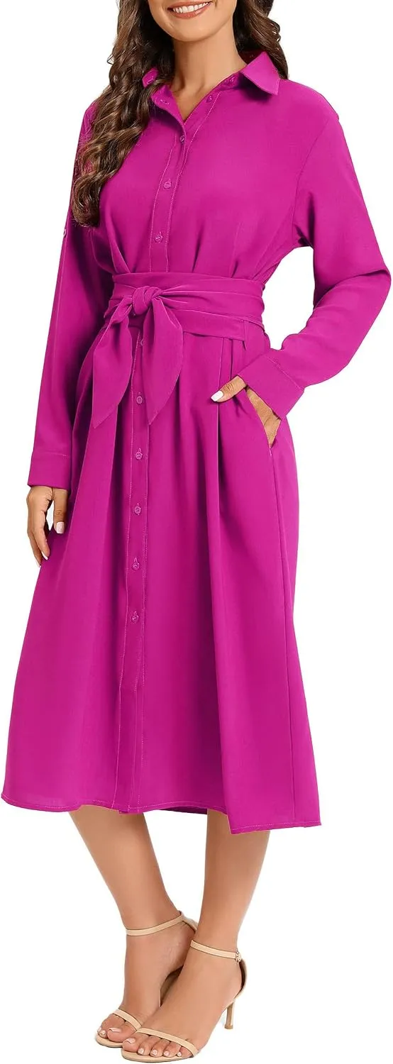 MANAIXUAN Women's Casual Flowy Tie Waist Button Down Long Sleeve Midi Shirt Dress