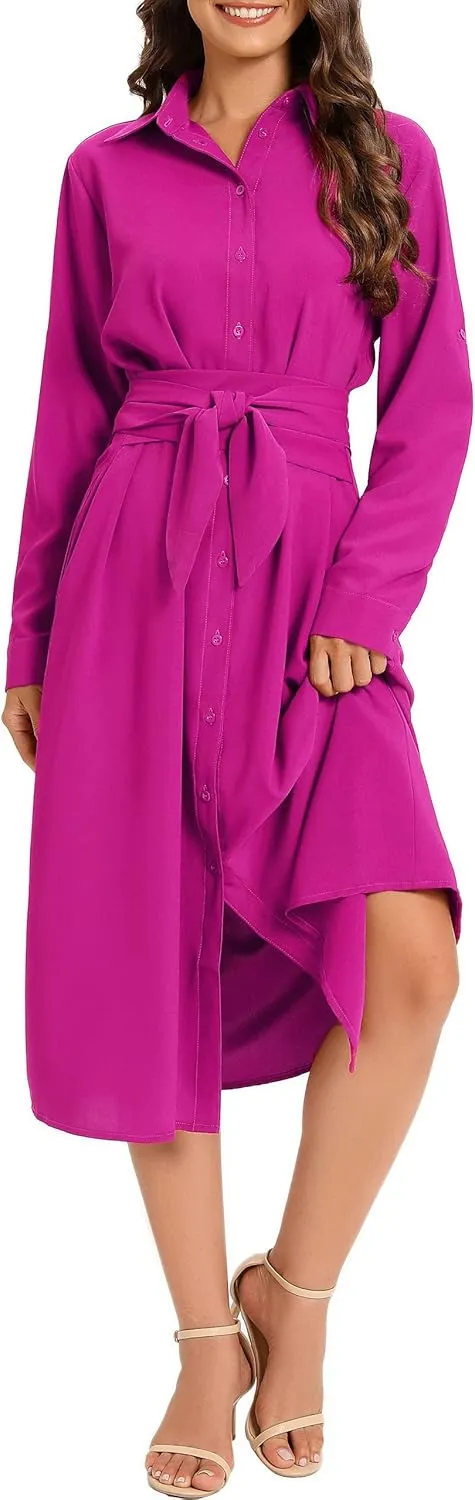 MANAIXUAN Women's Casual Flowy Tie Waist Button Down Long Sleeve Midi Shirt Dress