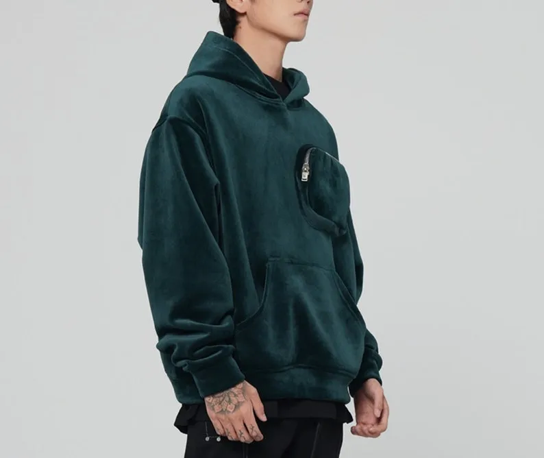 Men's Premium Silky Velour Oversized Chest Pocket Hoodie