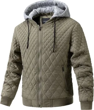 Men's Winter Quilted Jacket with Removable Hood Long Sleeve Casual Diamond Bomber Jacket Warm Winter Padded Coat