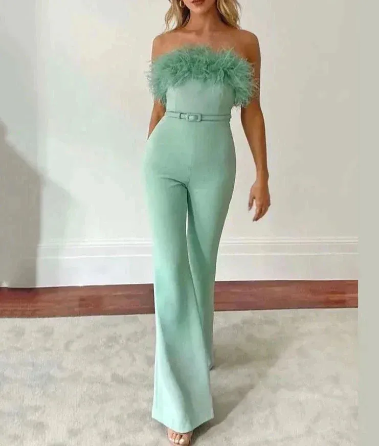 Milan Black Feathered Strapless Belted Designer Style Jumpsuit