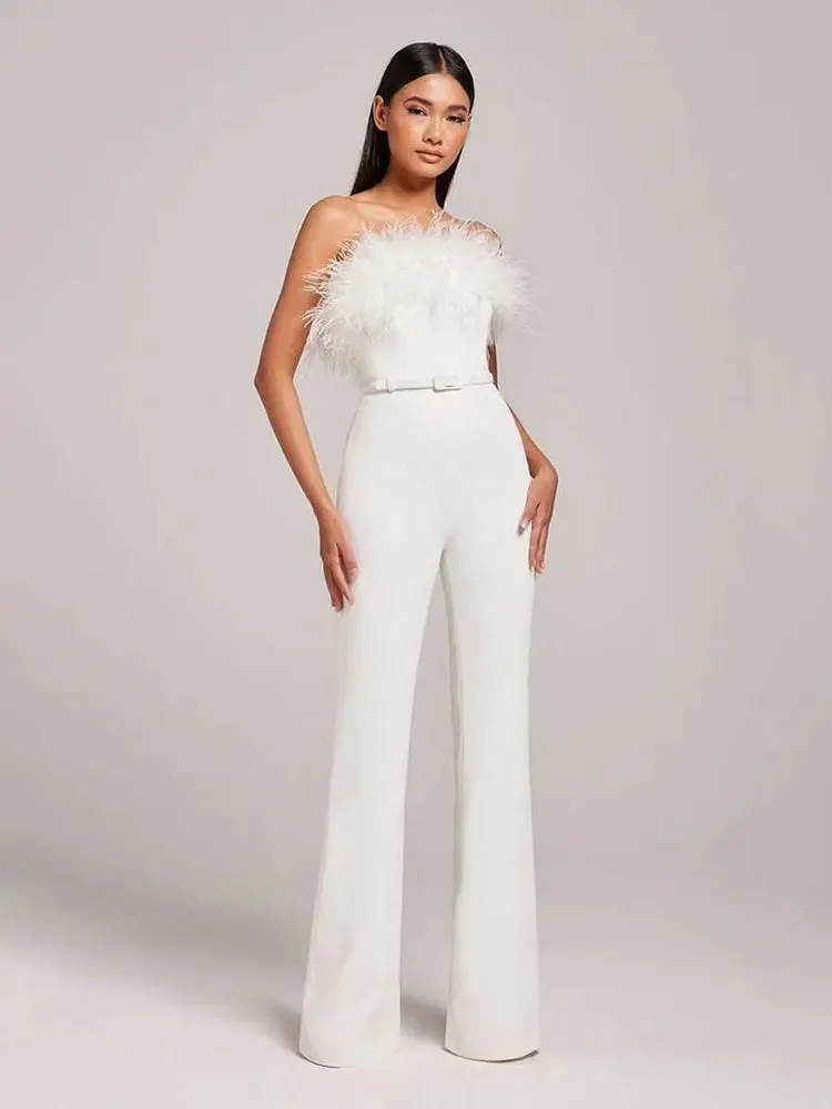 Milan Black Feathered Strapless Belted Designer Style Jumpsuit