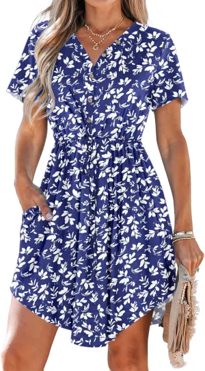 MISFAY Women Summer Dress Casual V Neck Short Sleeve Drawstring 2025 Mini Dresses with Pocket