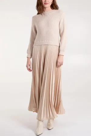 Monroe Jumper Satin Pleated Skirt Dress Stone