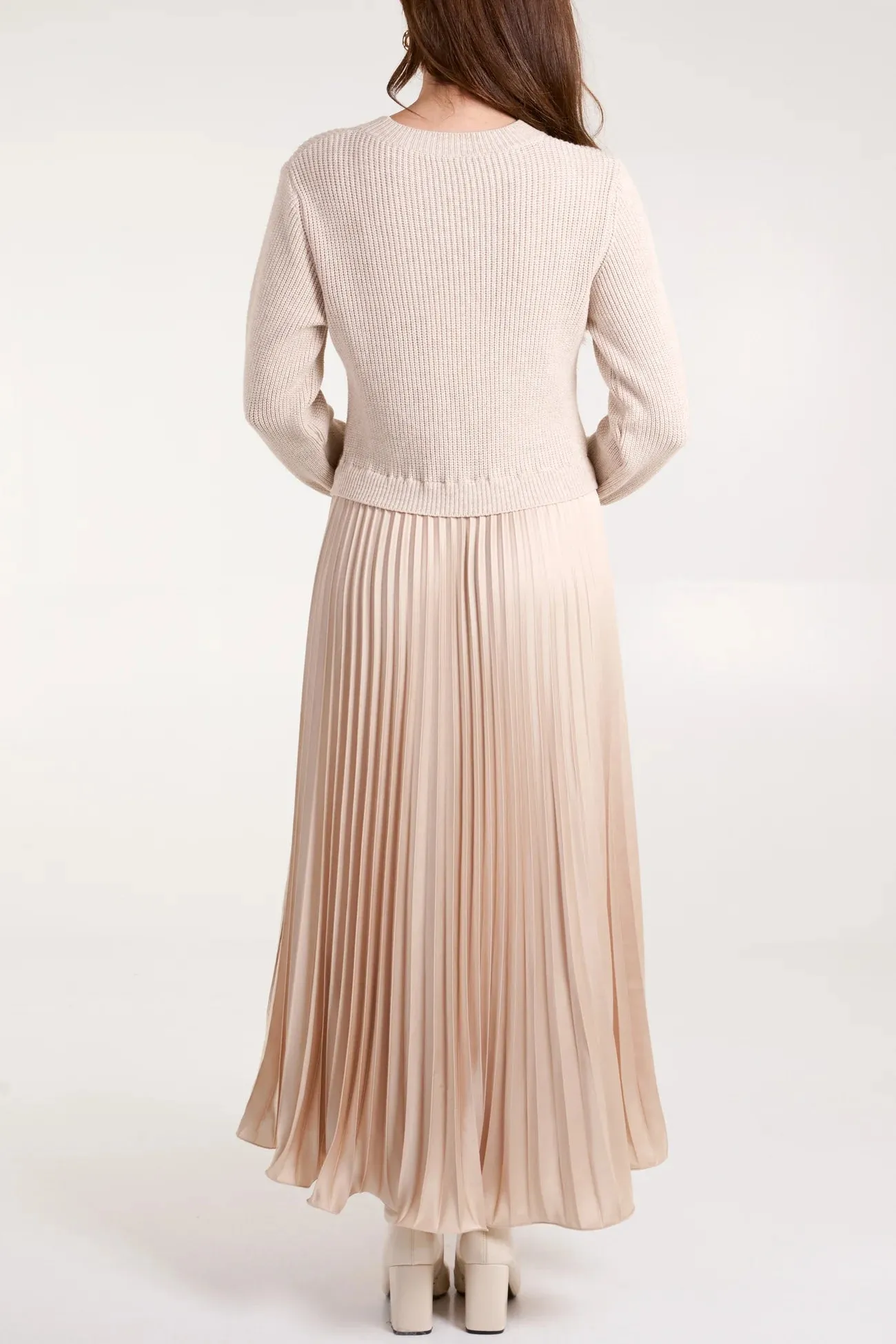 Monroe Jumper Satin Pleated Skirt Dress Stone