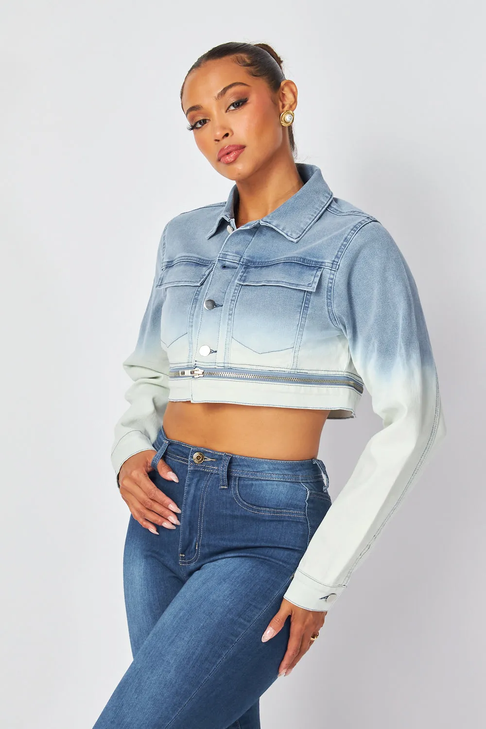 Normani Zip Detail Ombre Cropped Denim Jean Jacket