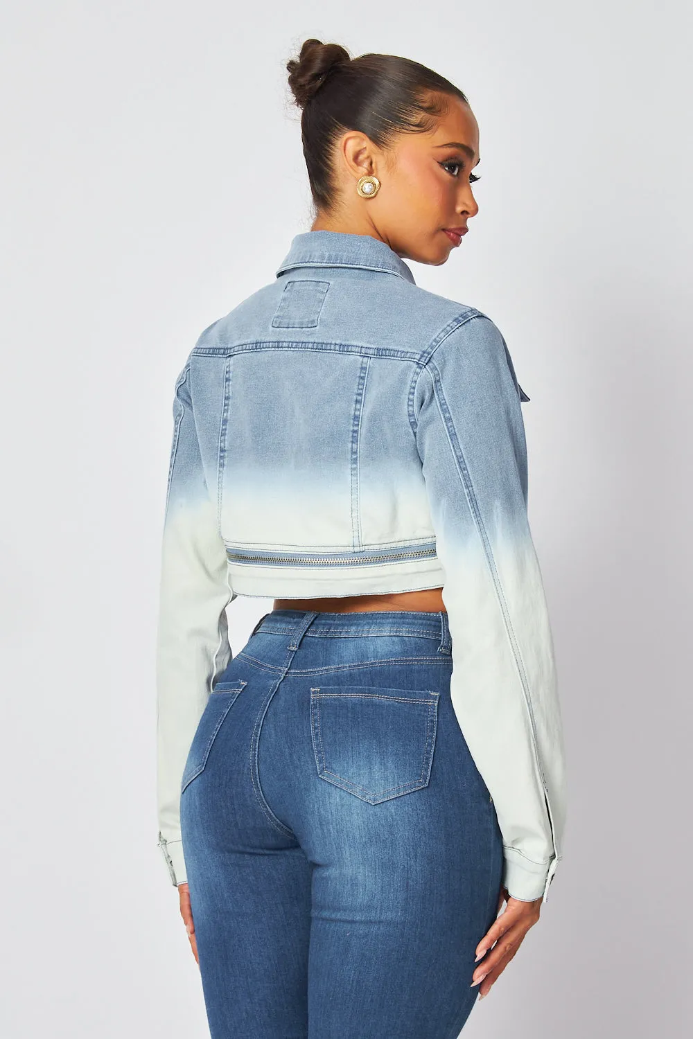 Normani Zip Detail Ombre Cropped Denim Jean Jacket