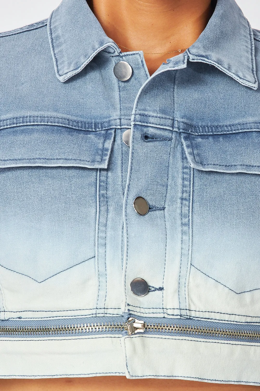 Normani Zip Detail Ombre Cropped Denim Jean Jacket