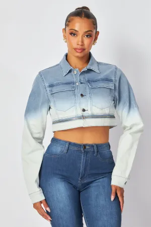 Normani Zip Detail Ombre Cropped Denim Jean Jacket