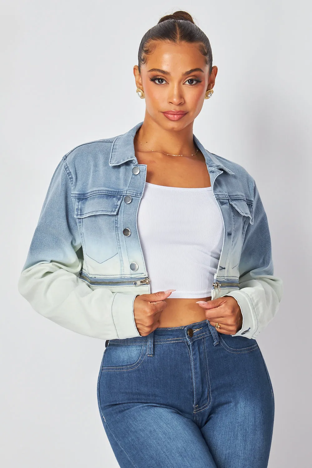 Normani Zip Detail Ombre Cropped Denim Jean Jacket