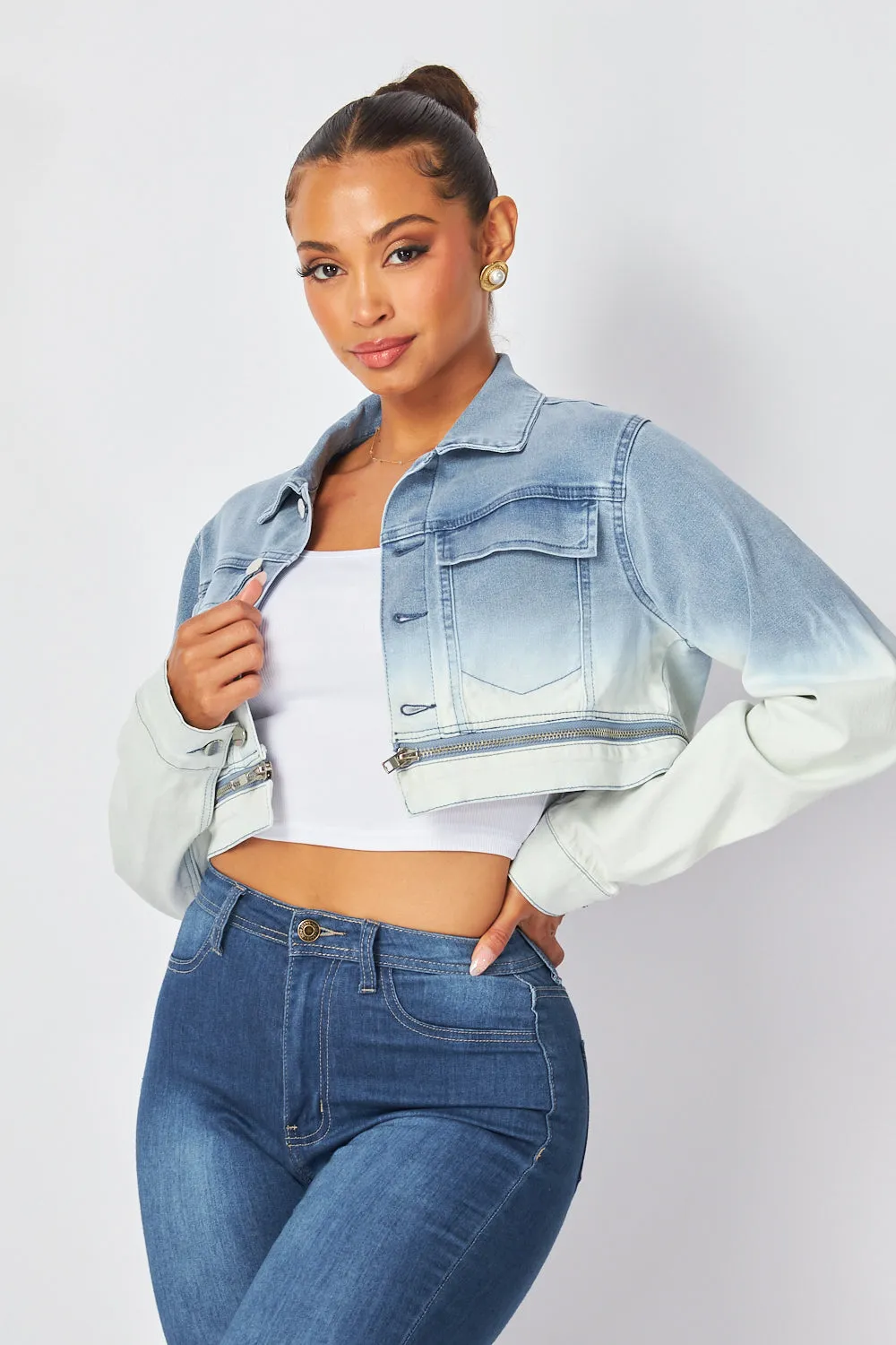Normani Zip Detail Ombre Cropped Denim Jean Jacket