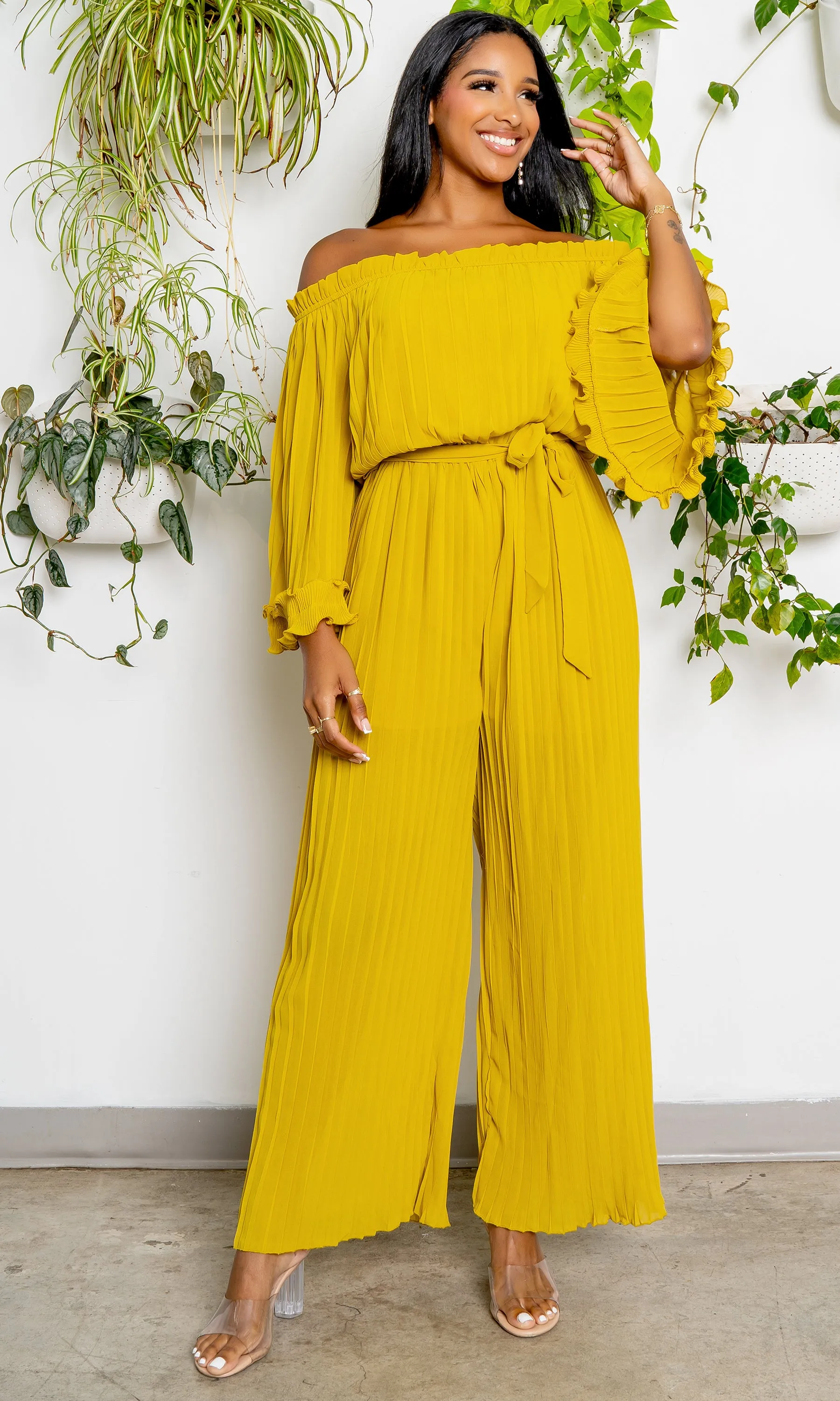 Off The Shoulder Pleated Chiffon Jumpsuit- Chartreuse FINAL SALE