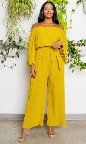 Off The Shoulder Pleated Chiffon Jumpsuit- Chartreuse FINAL SALE