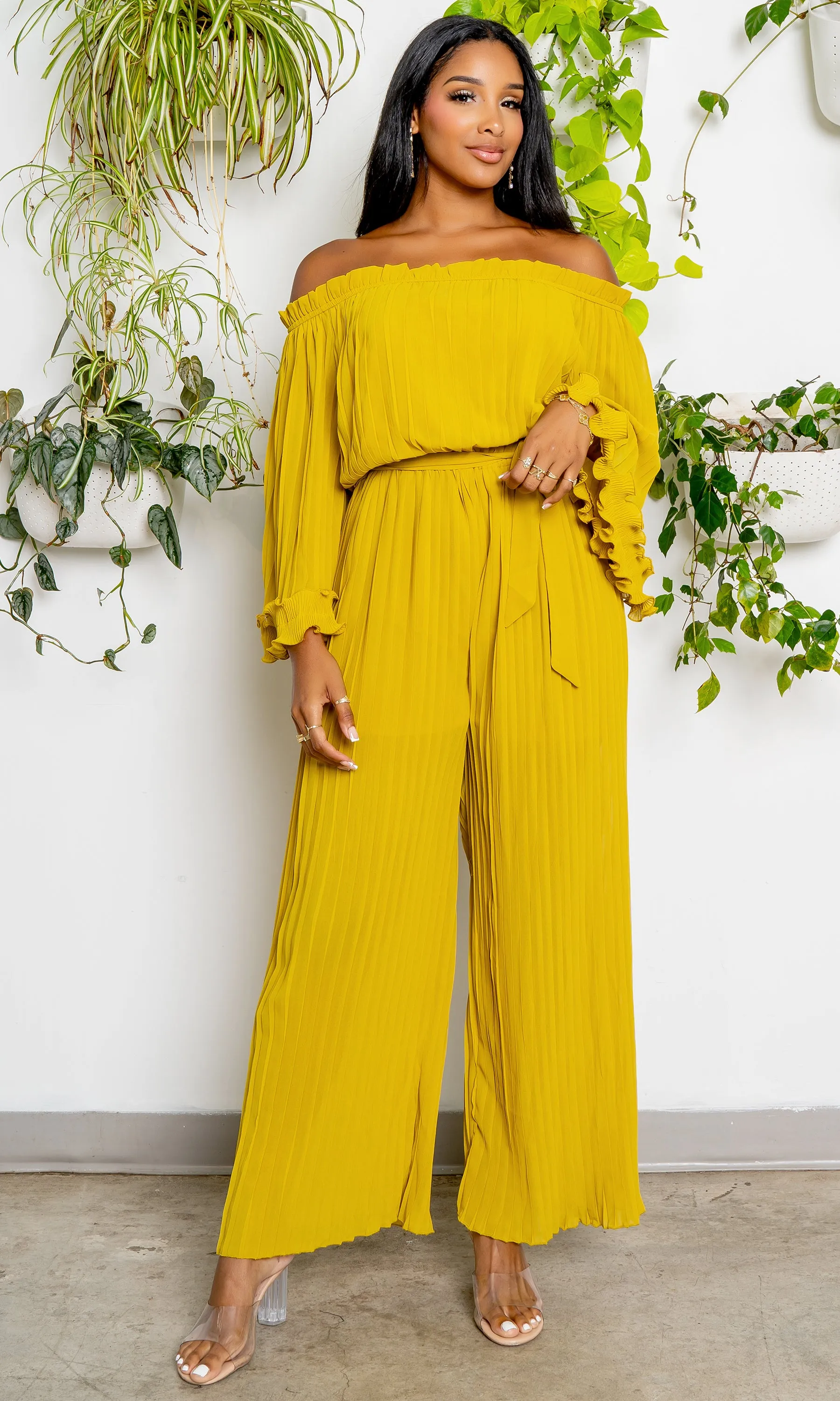 Off The Shoulder Pleated Chiffon Jumpsuit- Chartreuse FINAL SALE
