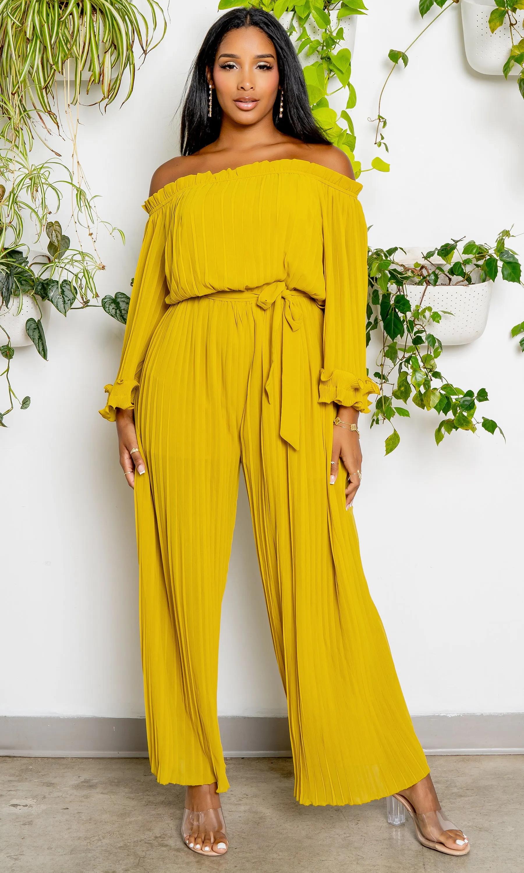 Off The Shoulder Pleated Chiffon Jumpsuit- Chartreuse FINAL SALE