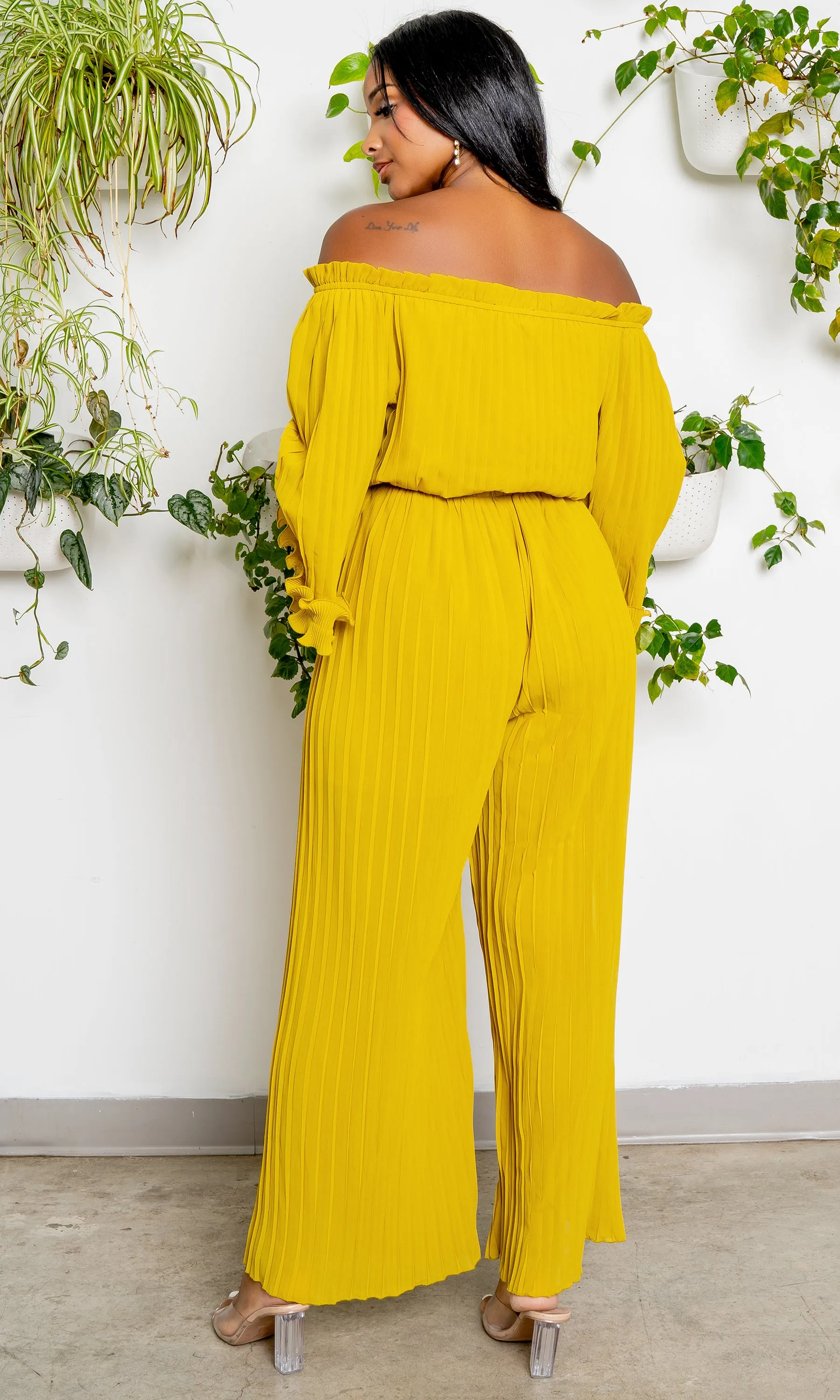 Off The Shoulder Pleated Chiffon Jumpsuit- Chartreuse FINAL SALE