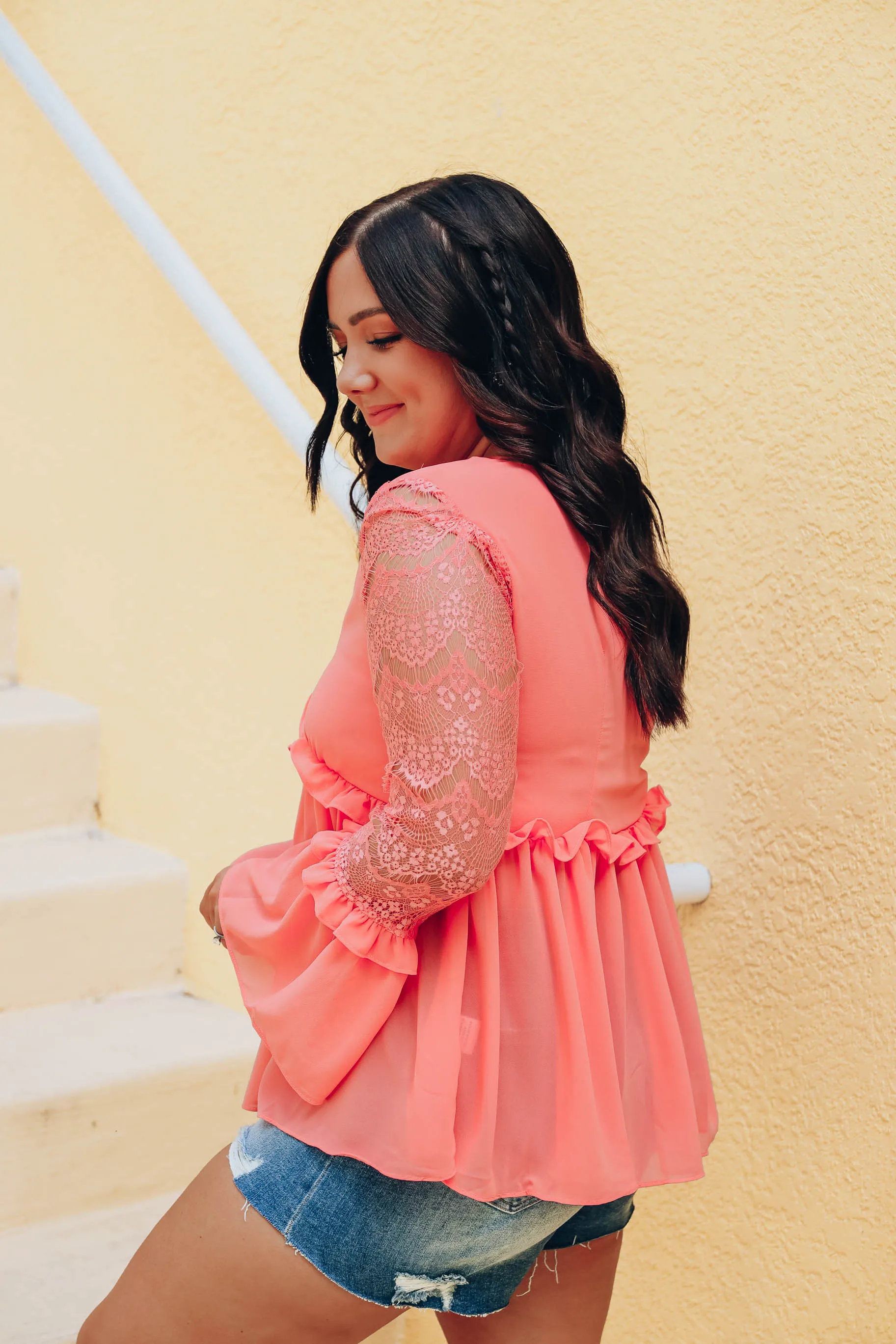 Oh My, Frilly Flounce Sleeve Blouse - Coral