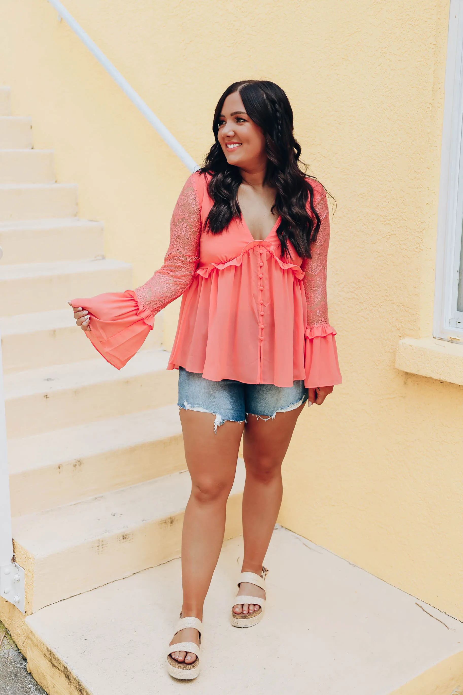Oh My, Frilly Flounce Sleeve Blouse - Coral