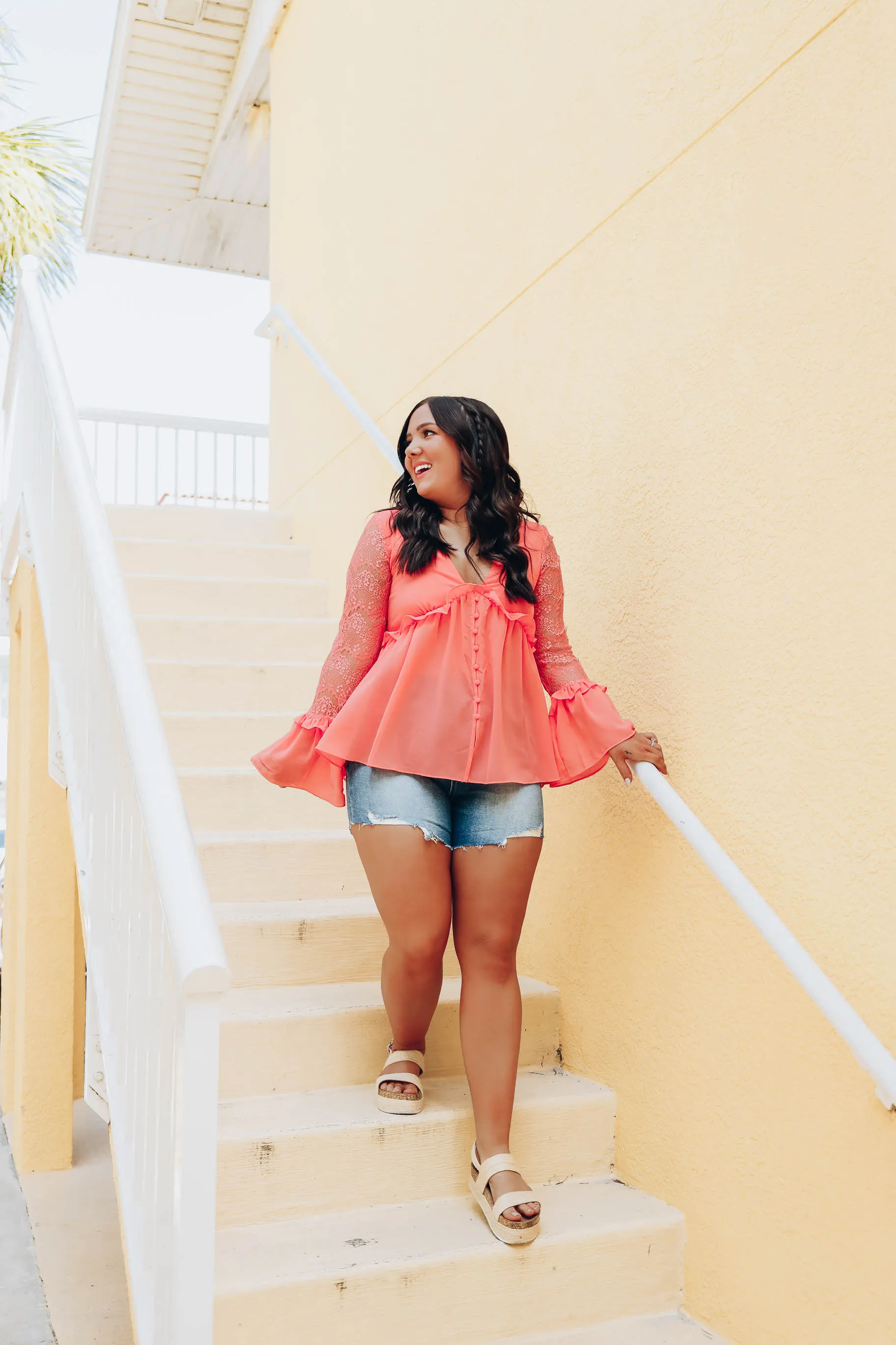 Oh My, Frilly Flounce Sleeve Blouse - Coral