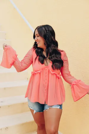 Oh My, Frilly Flounce Sleeve Blouse - Coral