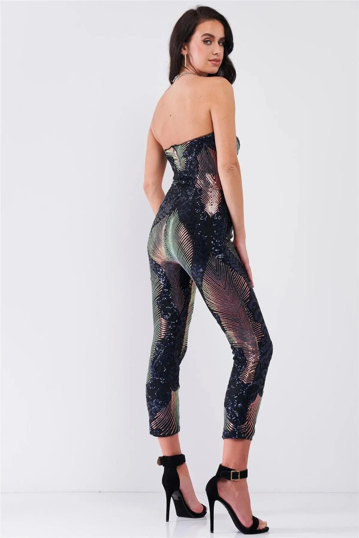 Party In Eden Navy & Pink Chameleon Sequin Palm Leave Pattern Sleeveless Tube Jumpsuit /2-2-2