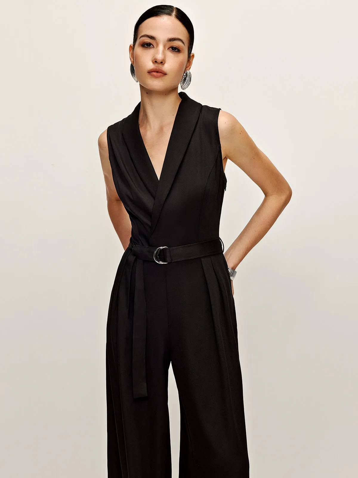 Plain Panel Sleeveless Belted Jumpsuit