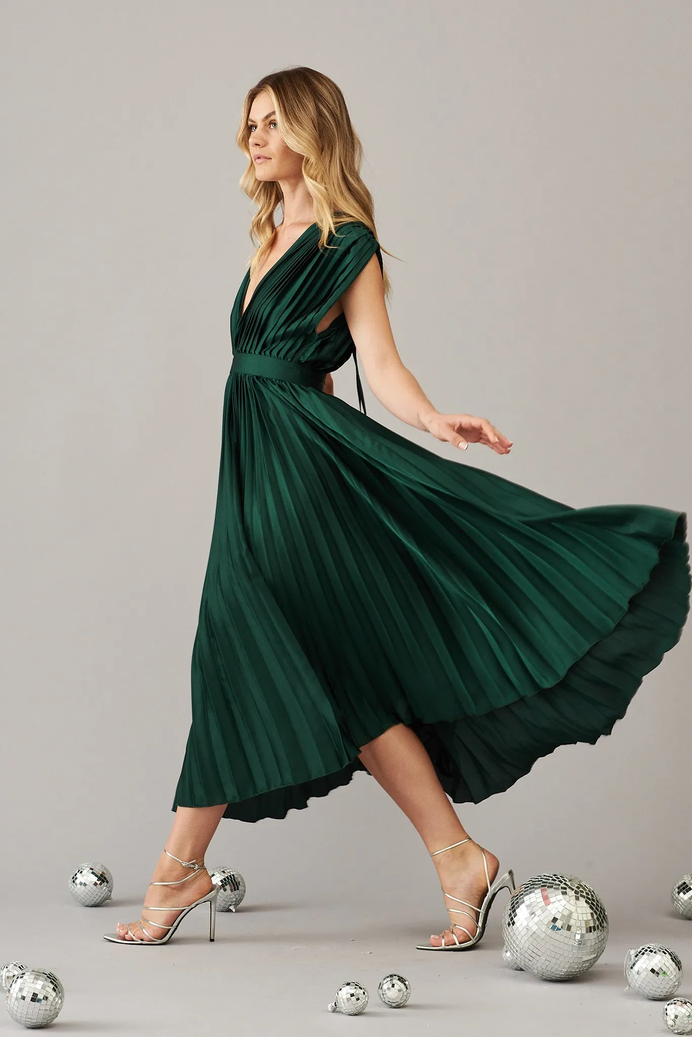 Pleated Emerald Satin Midi Dress