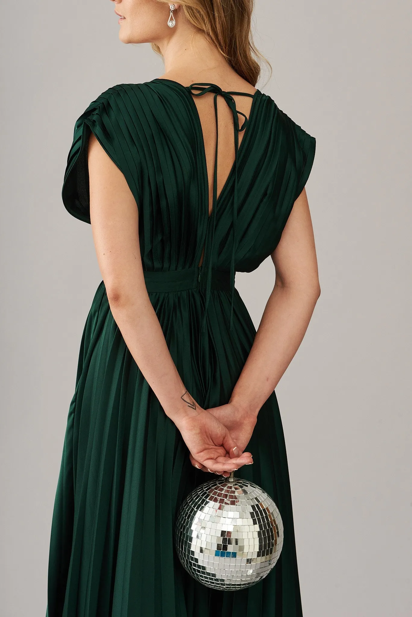Pleated Emerald Satin Midi Dress