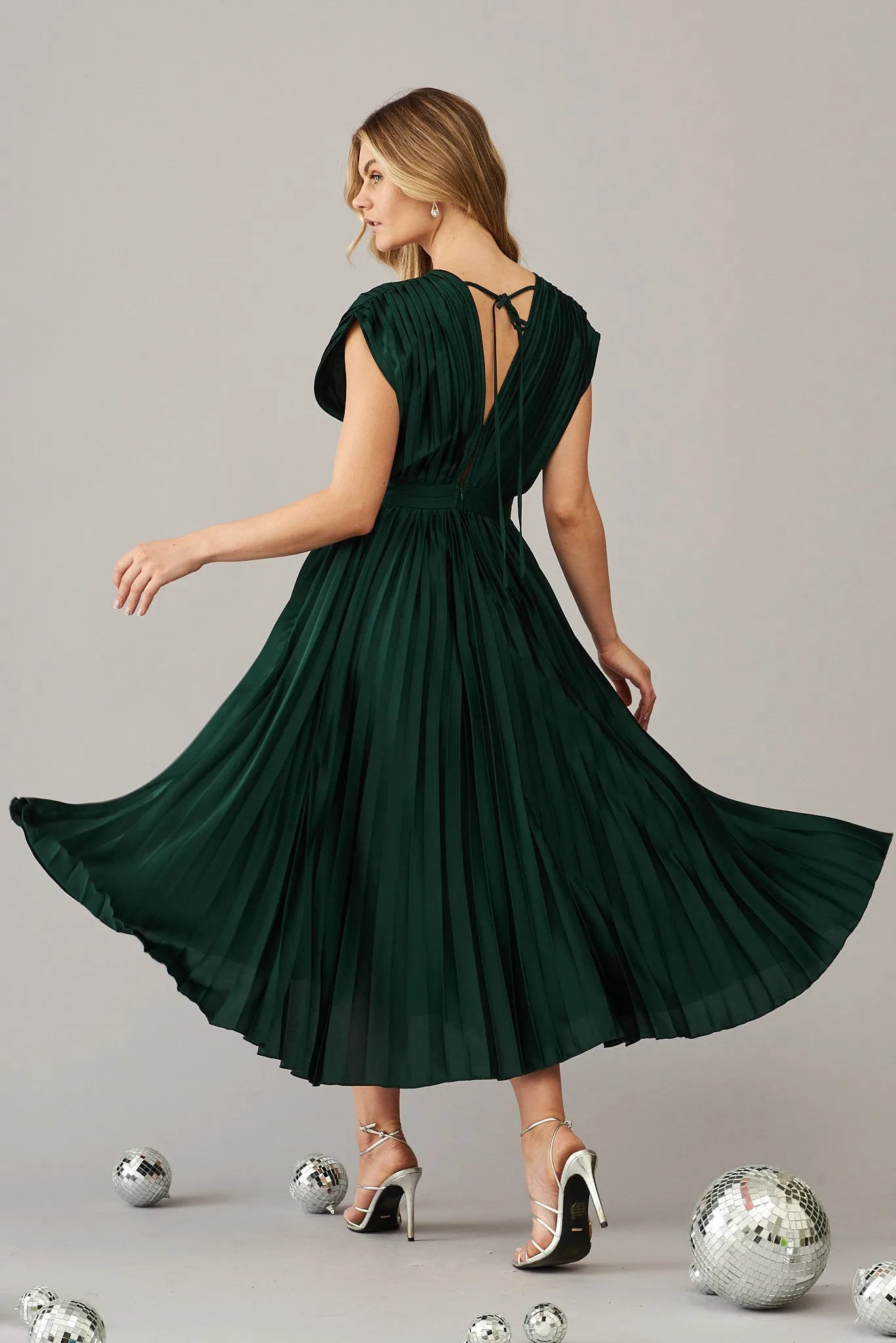 Pleated Emerald Satin Midi Dress