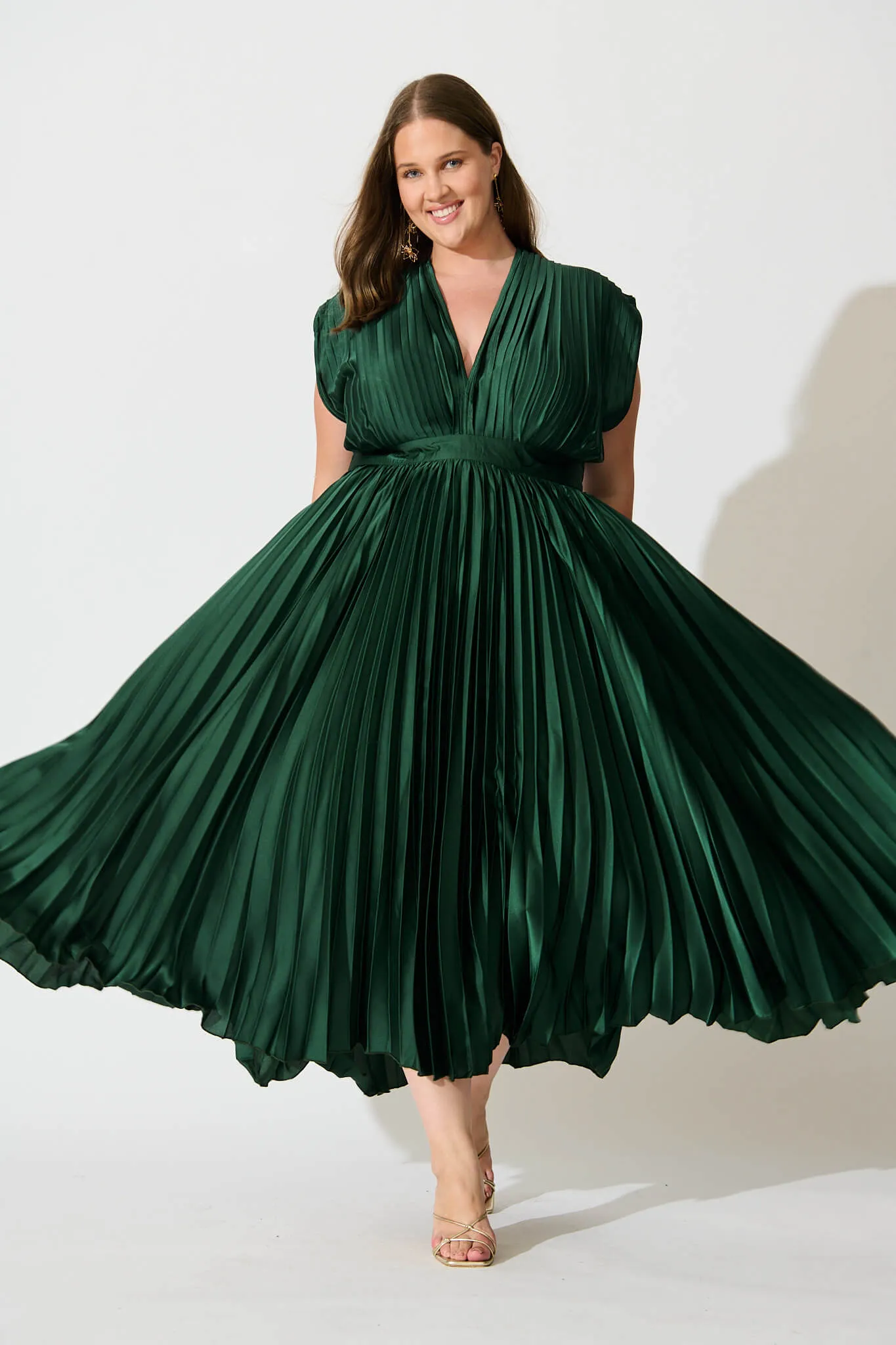 Pleated Emerald Satin Midi Dress