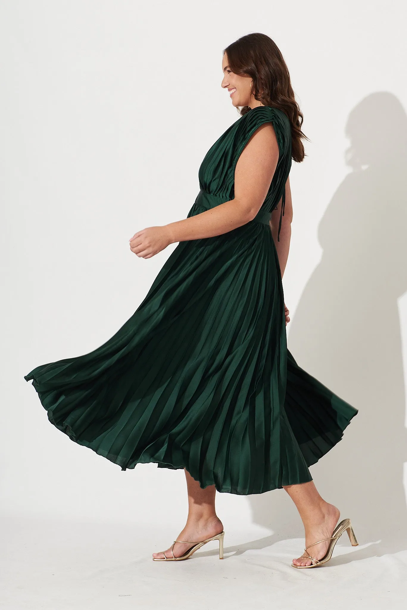Pleated Emerald Satin Midi Dress
