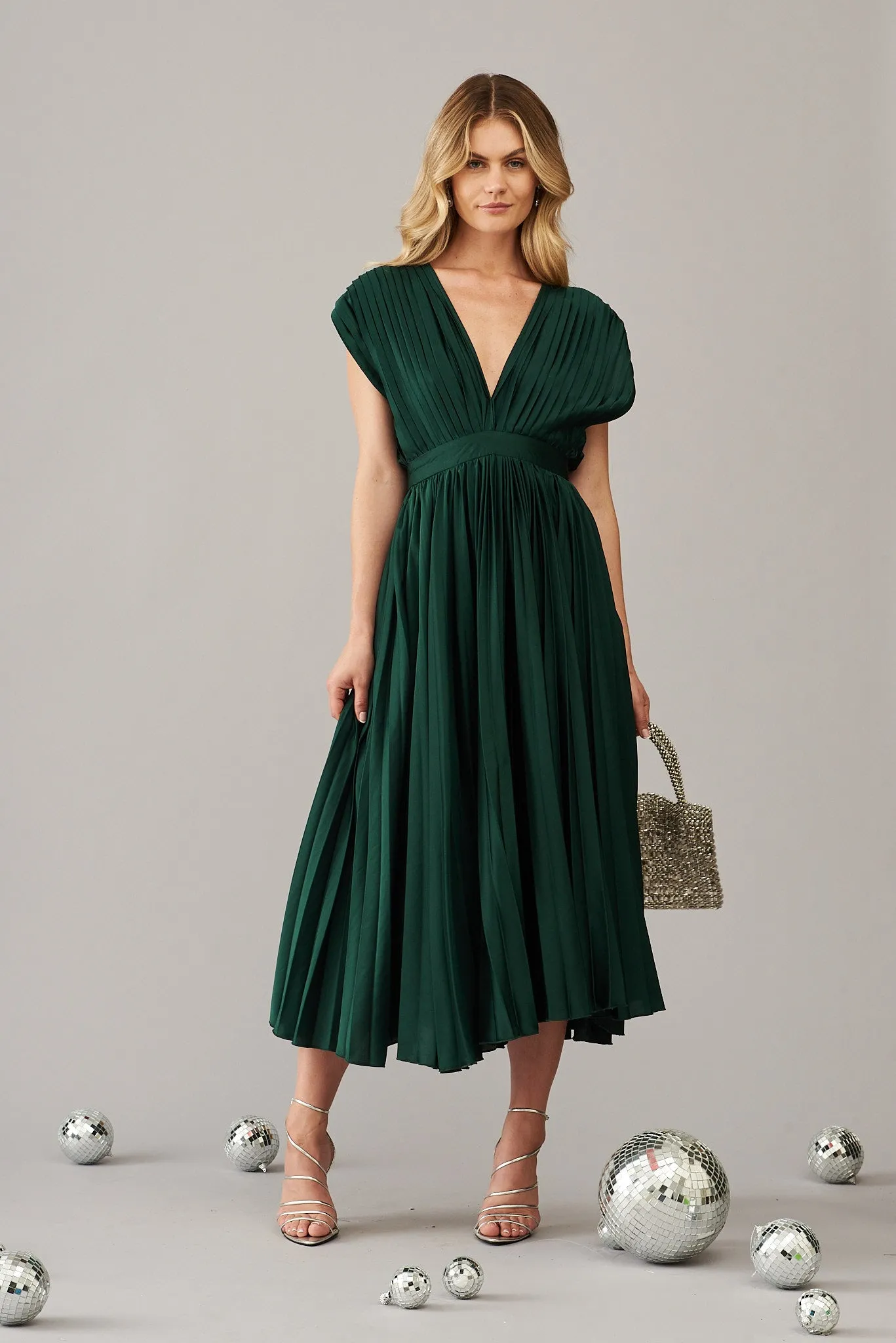 Pleated Emerald Satin Midi Dress