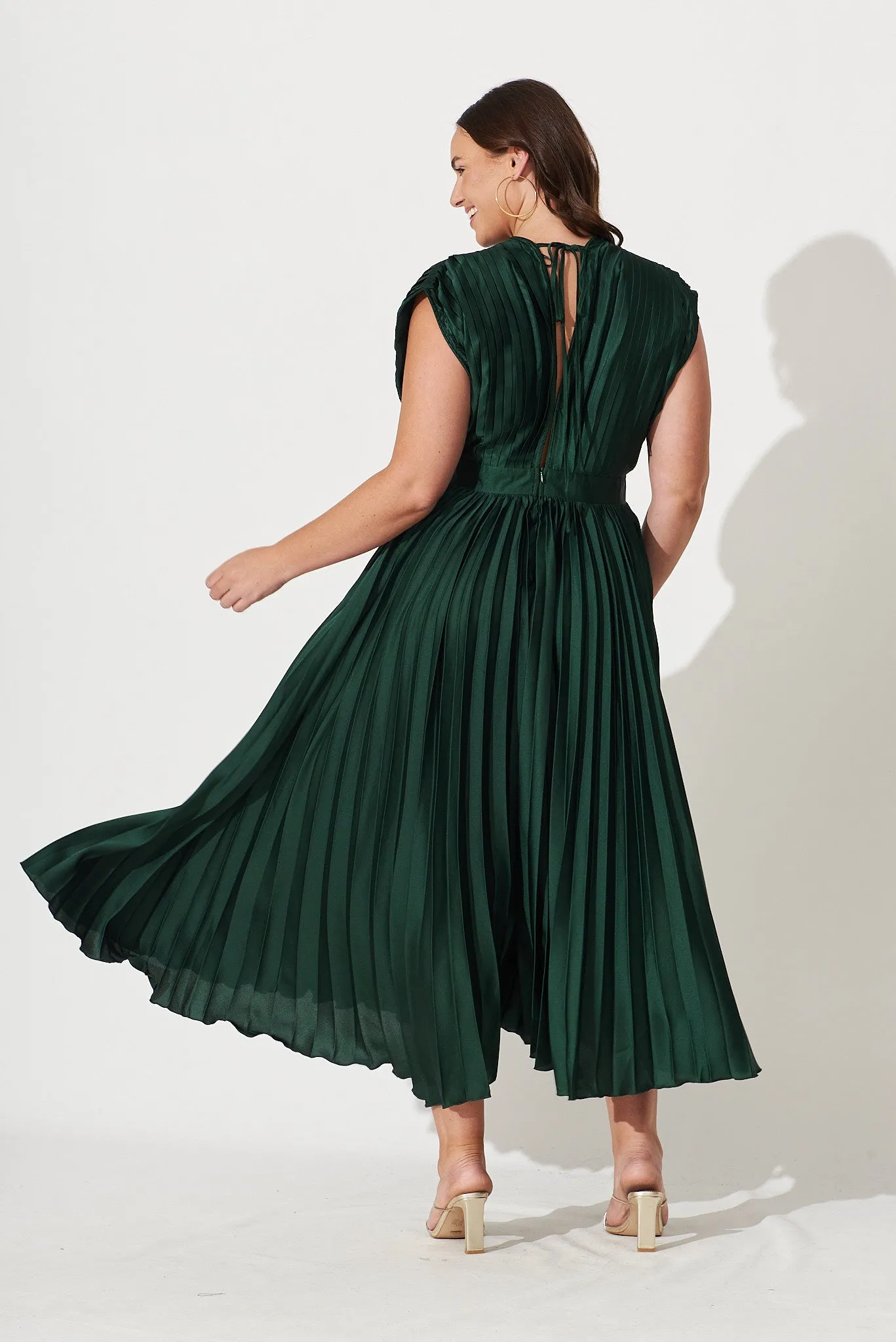 Pleated Emerald Satin Midi Dress