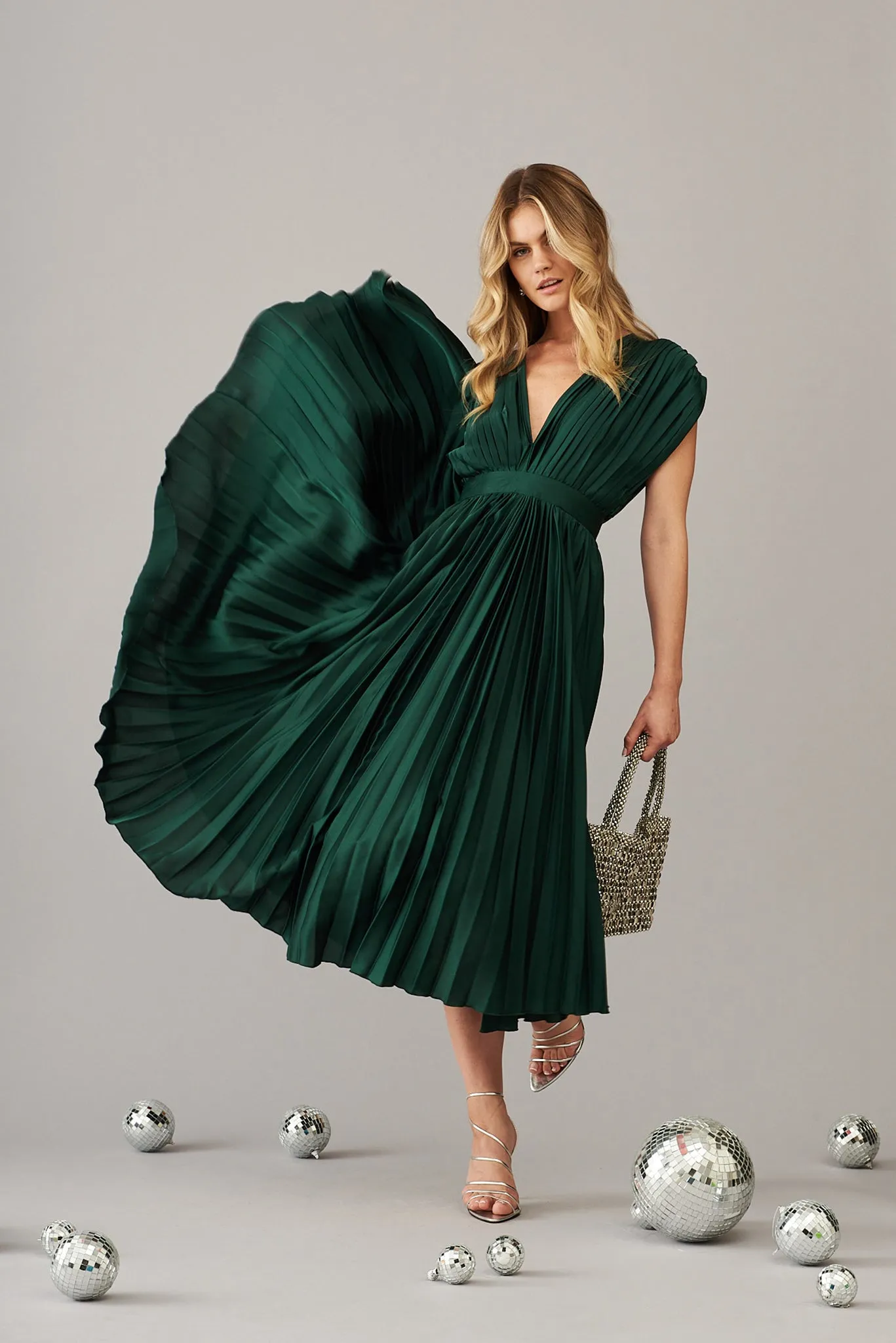Pleated Emerald Satin Midi Dress